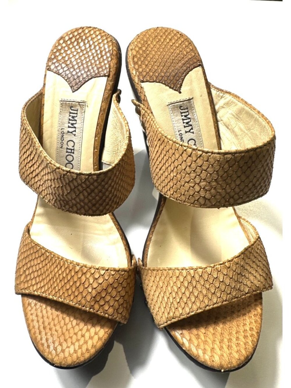 Jimmy Choo Tan Snakeskin-Textured Studded Leather Wedge Heels Size 38 Italy Made